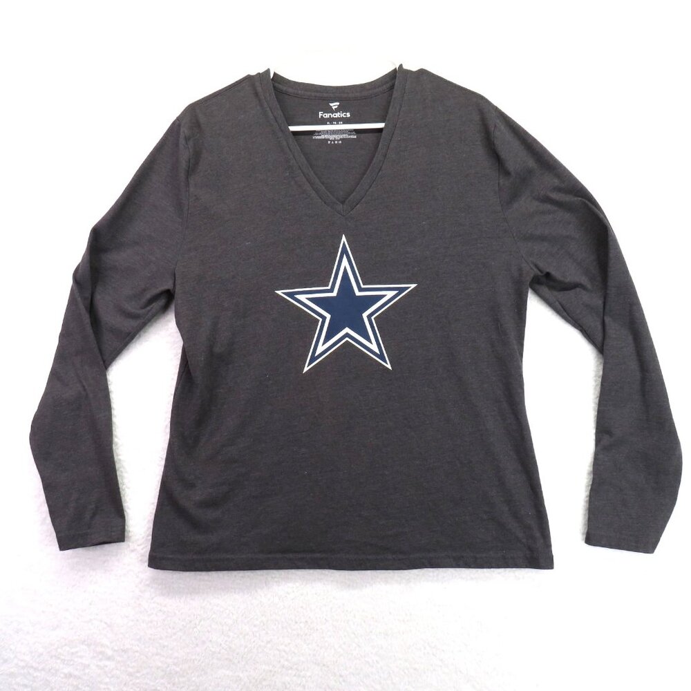 Dallas Cowboys Shirt Long Sleeve Womens XL Gray NFL Football Fanatics V Neck Tee